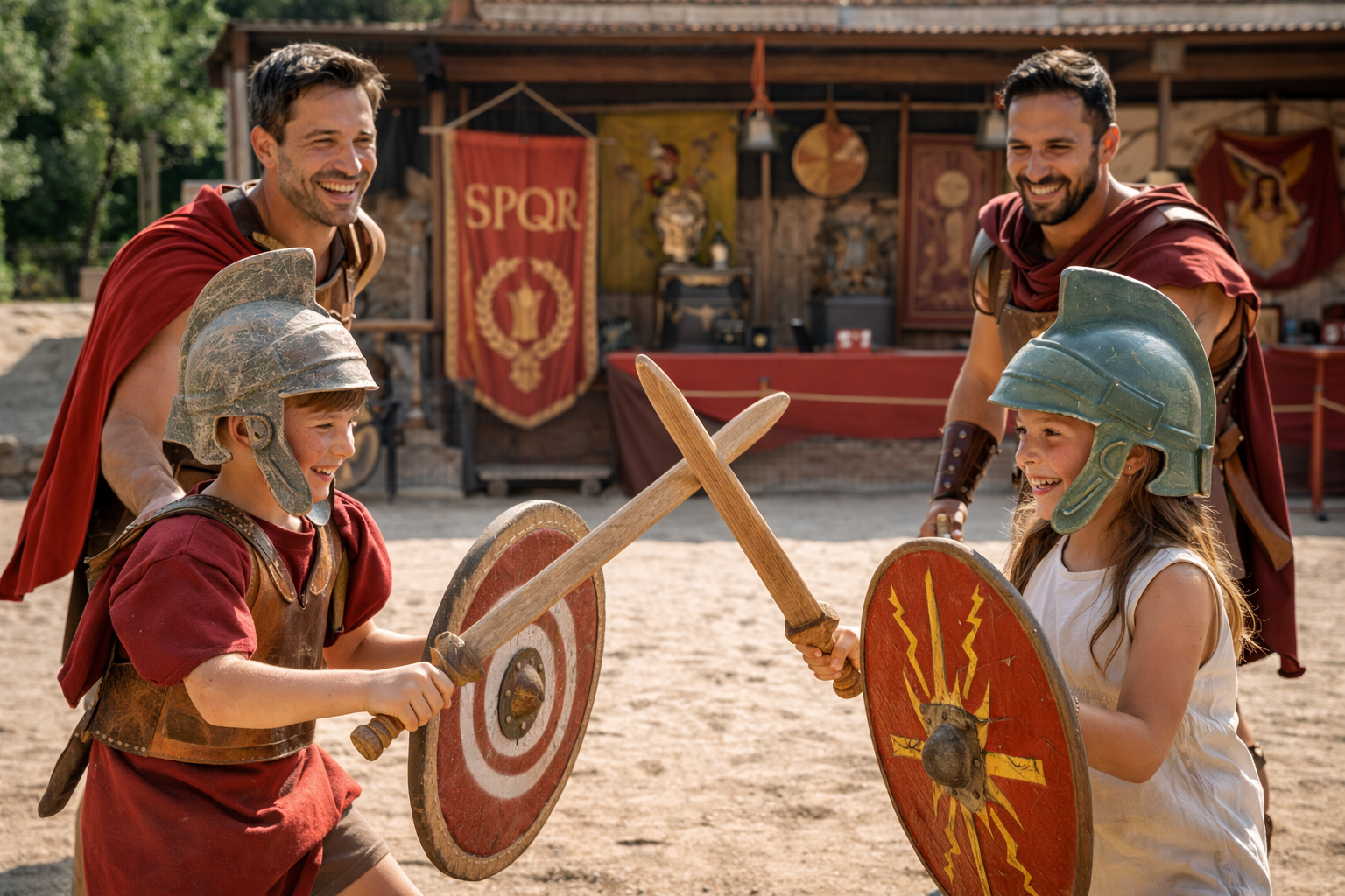 Roman gladiator experience with shield and training weapons