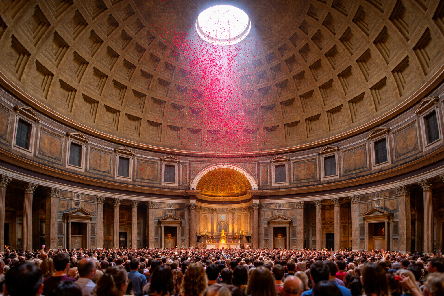 Rose petals falling through the oculus during the Pentecost ceremony inside the Pantheon in Rome.
