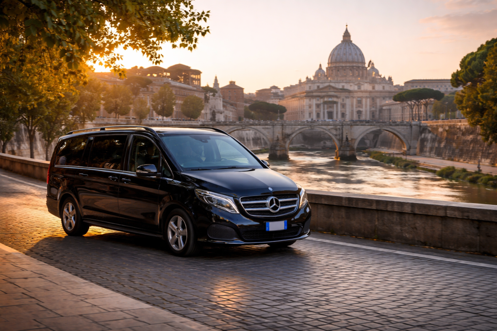 Private van transfer with St Peter’s Basilica in the background